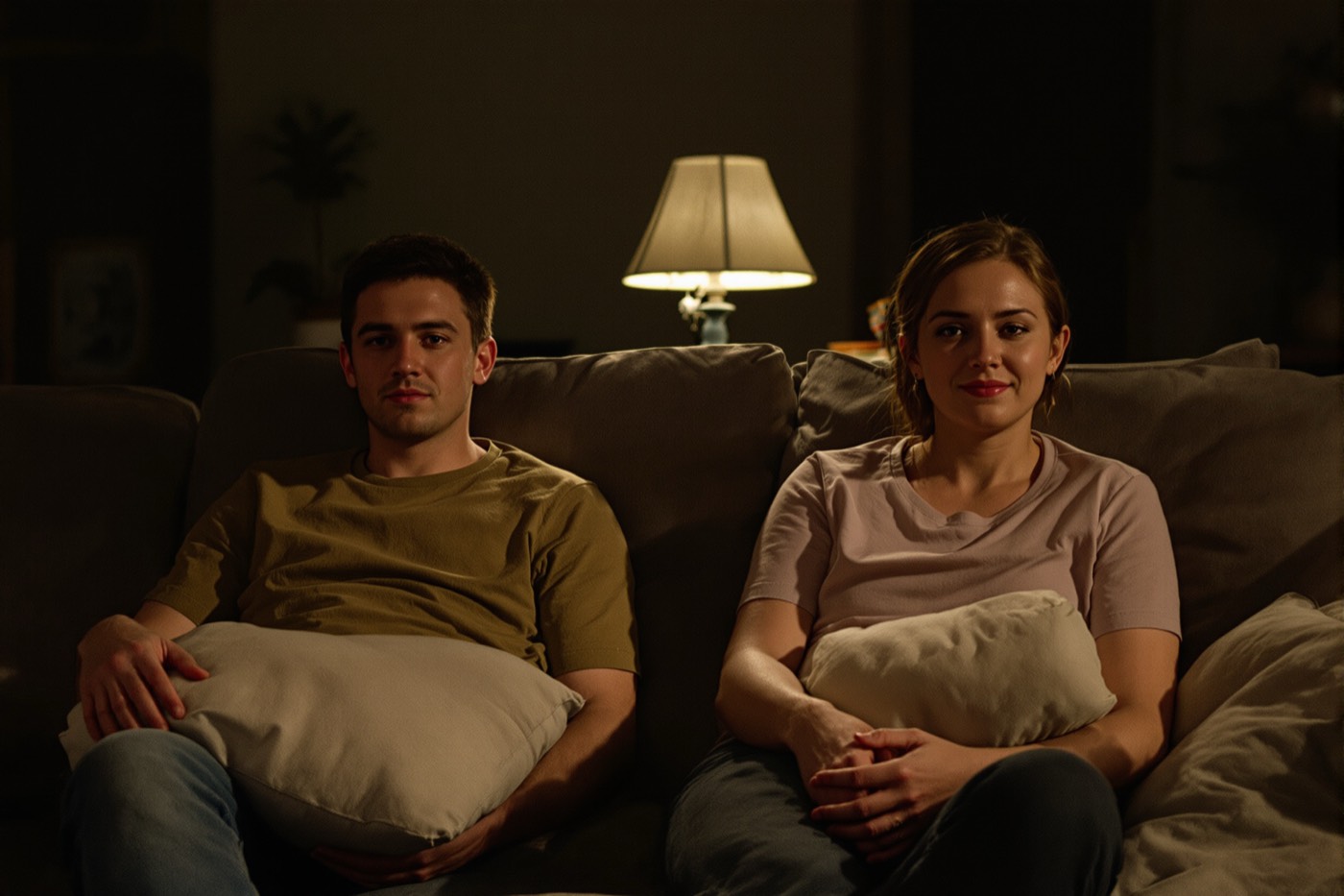 A couple sitting at either end of a sofa in lamplight, a cushion held on each lap, both facing forward rather than each other