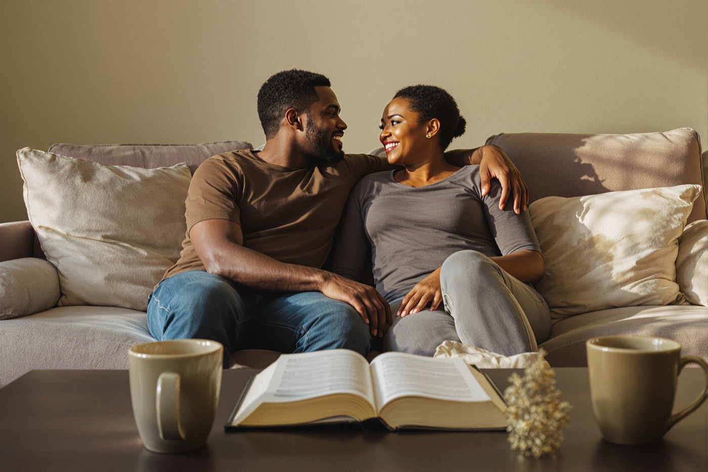 A young couple sitting close together on a sofa, turned towards each other and mid conversation, two mugs on the tray in front of them