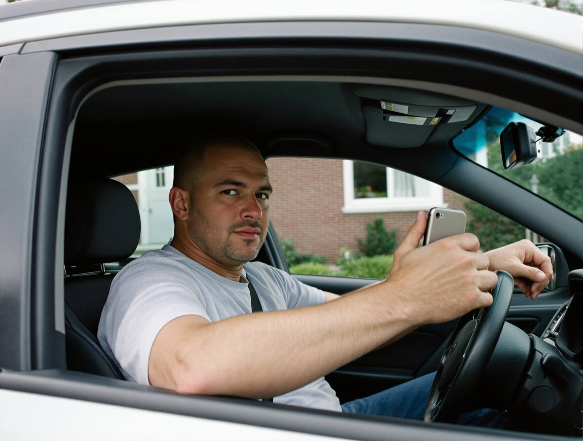 A man sitting in the driver's seat of a parked car outside a house, one hand on the wheel and a phone in the other, not yet driving off