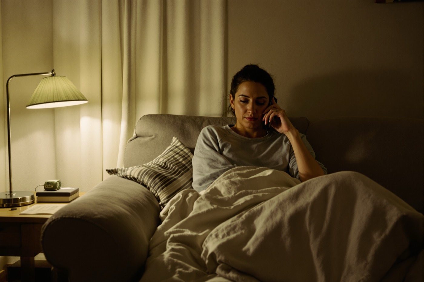 A woman sitting on her sofa at night with a lamp beside her, phone to her ear, listening