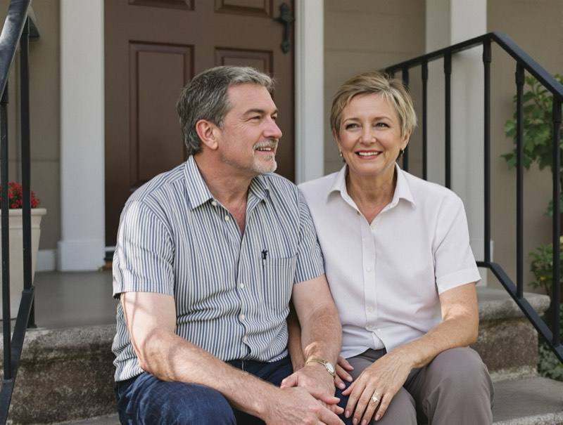 A middle aged couple sitting close together on their front steps in the sun, both smiling, his shoulder against hers.
