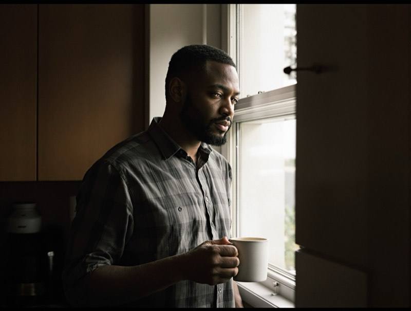 A man standing at a kitchen window holding a mug, looking out, mid thought.