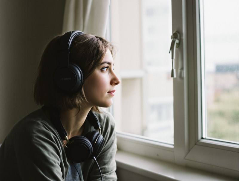 A young woman sitting by a window in large over ear headphones, chin up, looking out at the rooftops.
